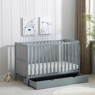 MCC Direct MCC Grey Wooden Baby Cot Bed & Rollaway Drawer & Aloe Vera Water Repellent Mattress - Grey