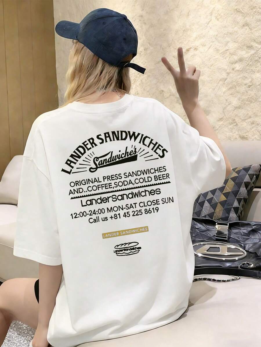 日系女式宽松圆领休闲字母卡通食物印花短袖T恤，春夏款 - 白色 - 查看 1