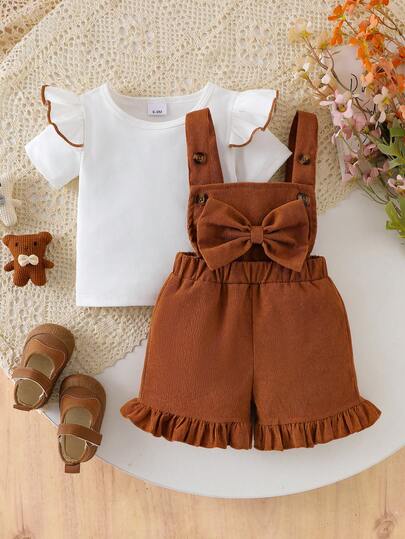 2pcs/Set Baby Girls' Casual Contrast Color Ruffle Sleeve Ribbed T-Shirt And Solid Bow Decor Suspender Shorts Set