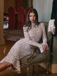 Dress Vestidos Elegantes De Mujer Vestidos De Mujer Elegantesdresses For Women Long Dresses For Women Vestidos Elegantes De Mujer New Hip-Wrapped Medium And Long Dress, Lace Long-Sleeved Crew Neck Fishtail Slim-Fitting Dress - trắng - Xem 2