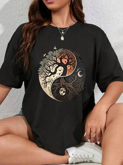100% Cotton Harmonious Tees Tree Of Life Yin Yang Black T-Shirt Women's Men's Graphic Tee Crew Neck Classic Fashion Summer Vacation Tops