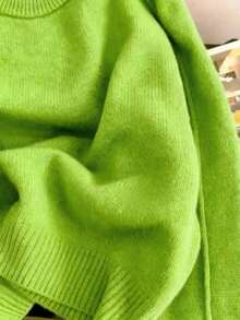 Women's Autumn/Winter Fluorescent Green Raglan Sleeve Casual Soft & Slouchy Knit Sweater - Emerald Green - View 5