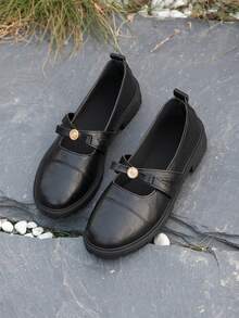 2026 Spring New French Bow Shallow Mary Jane Shoes Women, Black Chunky Heel Flats, Loafers - Black - View 6