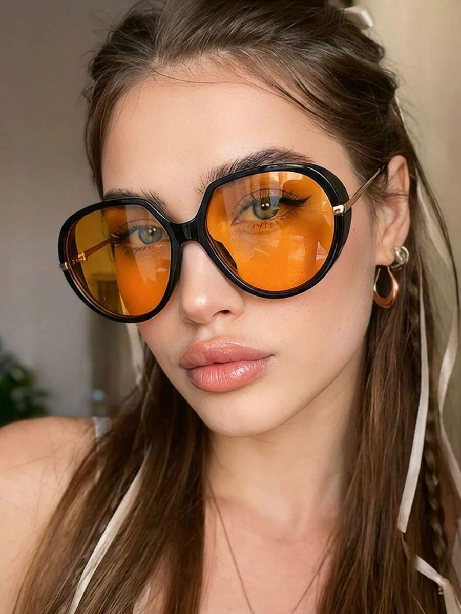 1副女士黑色圆形PC镜框金属镜腿旅行度假个性化街头时尚眼镜 - 黑色 - 查看 1