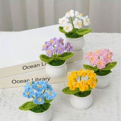 1盆精美手工钩织勿忘我花盆栽，情人节、母亲节、生日、乔迁礼物