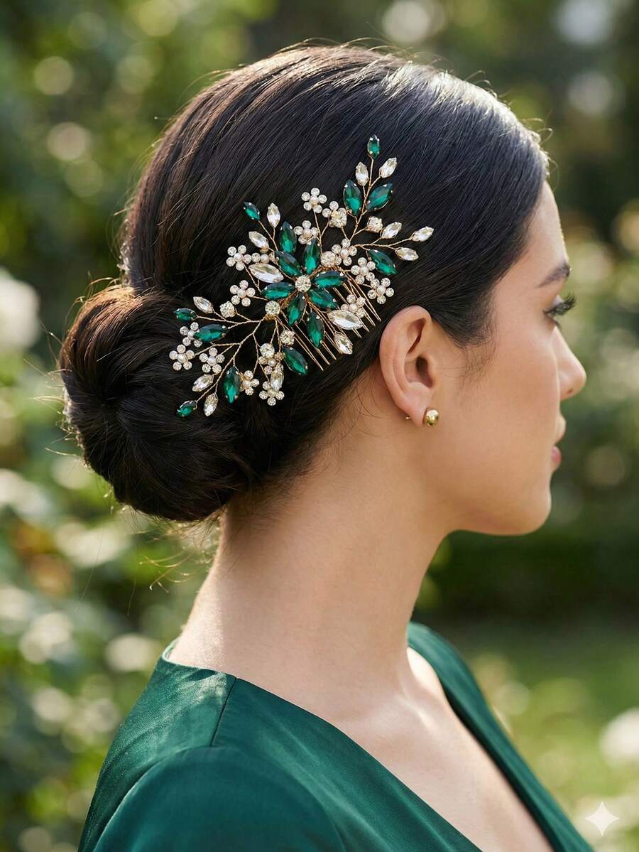 1 pente de cabelo artesanal com flor de strass, acessório de cabelo para noiva inspirado na natureza, na cor verde.