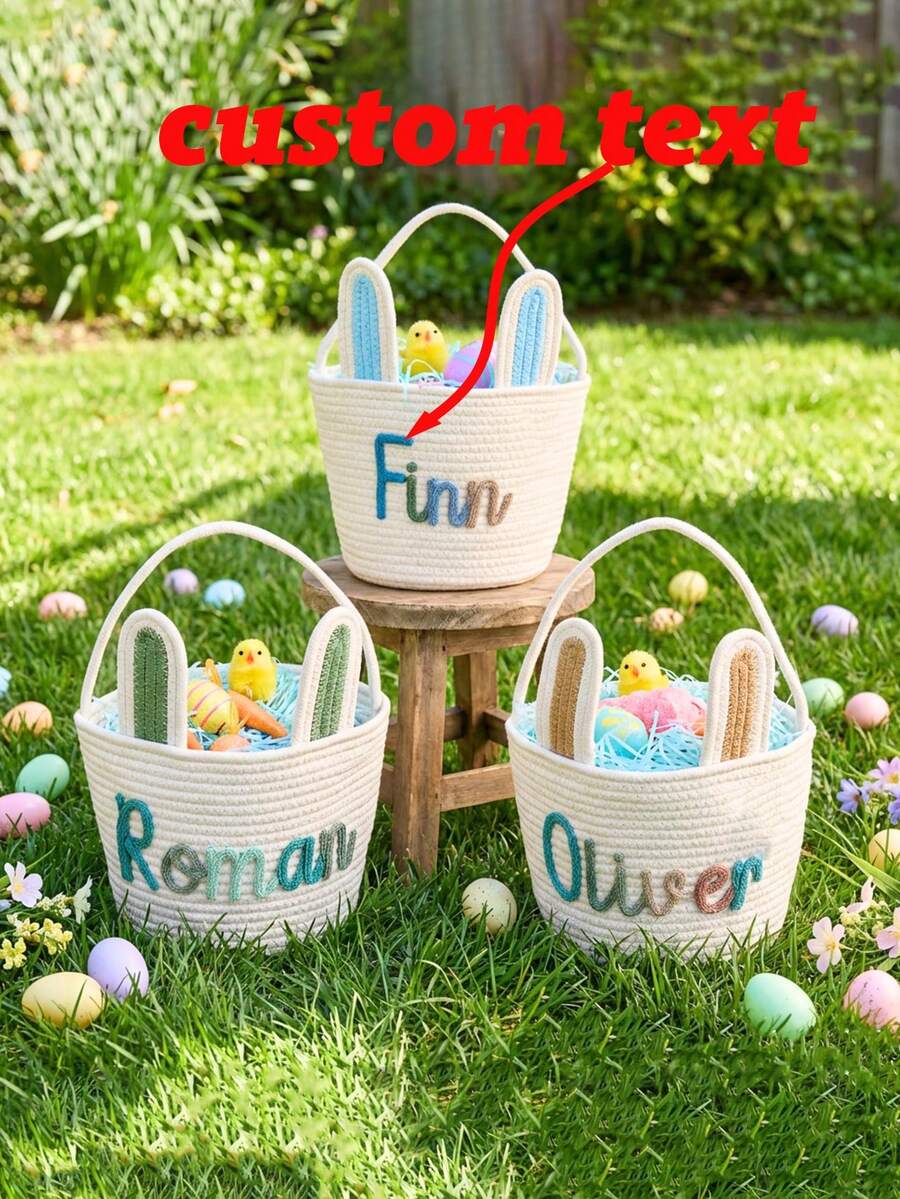 1pc Personalized Handmade Easter Bunny Basket, A Children's Egg-Hunting Basket With A Customizable Name, A Crocheted Easter Basket With Bunny Ears And Decorations, A Custom Pet Toy Storage Basket, And A Custom Easter Gift. ,Travel Organizer - Multicolor - View 1