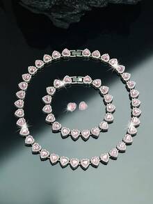 CVNANA 3pcs Set Cute Light Pink Heart Shaped Cuban Link Necklace + Bracelet Matched With Cubic Zirconia Heart Stud Earrings, Hip Hop Style Chain, Luxury Jewelry Set, Suitable For Valentine's Day, Birthday, Music Festival Gift - Heart Shape - View 2