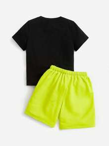 2pcs/Set Young Boy Coconut Tree Print T-Shirt And Drawstring Waist Shorts Casual Outfit - Black - View 2