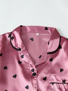 Heart Print Women's Poplin Short Sleeve Shorts Pajama Set - Coral Pink - View 2