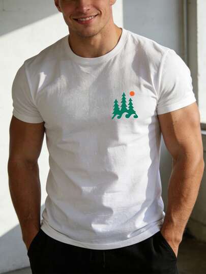 男士时尚简约设计，森林阳光图案印花，轻盈舒适T恤，适合作为礼物送给亲朋好友，适合户外徒步、日常休闲、运动健身，是一款百搭短袖T恤。