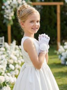 1 双 3-10 岁儿童缎面光滑弹力白色大玫瑰花手套 - 缎面花童手套，适合女孩选美、芭蕾舞表演、公主生日和婚礼，超柔软 - 1Pair - 查看 7