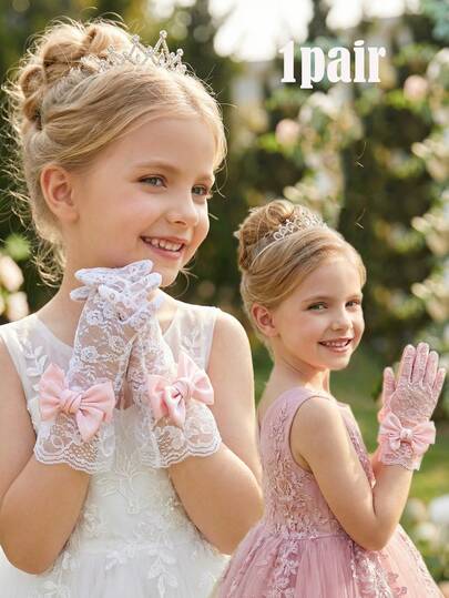 1 par de guantes de encaje con lazo de seda para niñas/niños de 4 a 12 años, adecuados para vestidos de boda, sesiones de fotos, actuaciones en el escenario, princesa