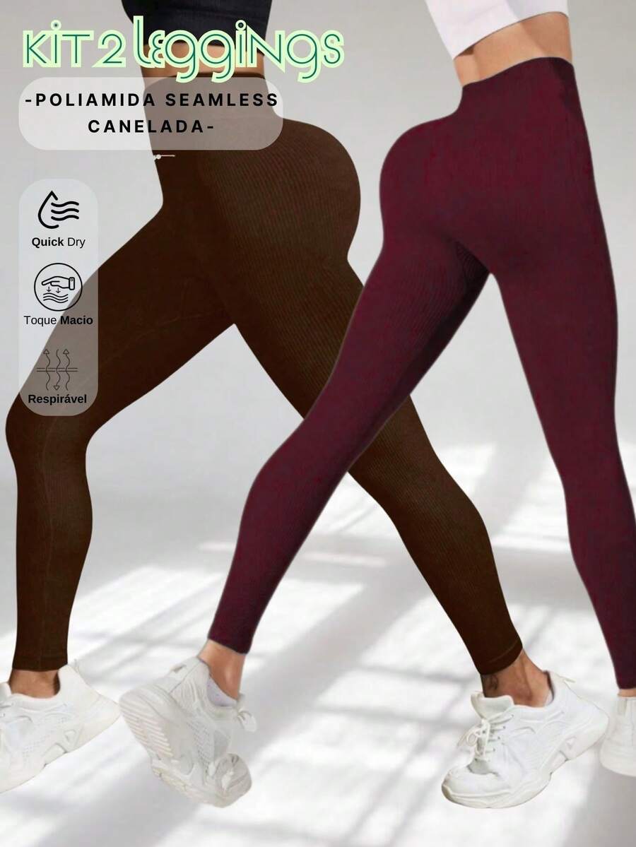 2-Pack Of Thick Ribbed Leggings – High Compression & Double The Seamless Technology - Cà phê và rượu vang - Xem 1