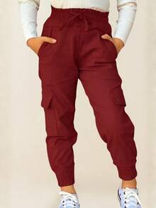 Girls' Denim Jeans With Pockets And Elastic Waistband, Blogger Style, Solid Colors, Back To School, Basic Casual, Wine Red. - 酒紅色 - 查看 1