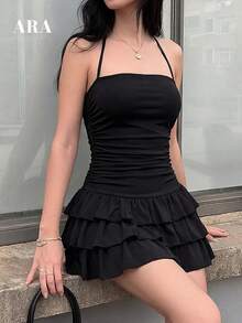 ARA CHIC 女士黑色荷叶边高腰吊带短款修身连衣裙，性感又不失清纯魅力，修身剪裁，层叠荷叶边凸显身材，适合派对和度假穿着，2026春夏新品 - 黑色 - 查看 6