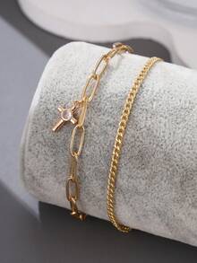 2pcs Classic Plaid Paperclip Bracelet, Copper Inlaid Cubic Zirconia Cross Pendant Double-Layer Stacking Bracelet Set, Suitable For Men's Daily Outfit Accessories - Yellow Gold - View 7