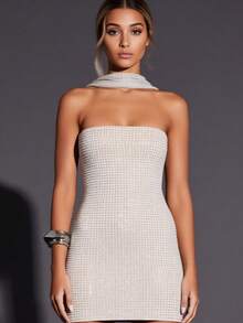 Small Rhinestone Embellished Mini Dress – Sparkly Crystal-Studded Party Dress - Khaki - View 8