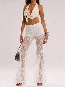 Women's Floral Lace Bell Pant Mesh See Through Flare Bottom Leggings Hollow Out Mesh Cover Up Trousers - trắng - Xem 1