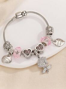 1pc Elegant Luxurious Bling Crystal Crown, Bear, Bow, Moon Charm Beaded Stainless Steel Adjustable Bracelet, Variety Of Shapes, Big Hole Spacer Beads, DIY, Suitable For Women, Daily, Party, Holiday Gifts - Silver - View 9