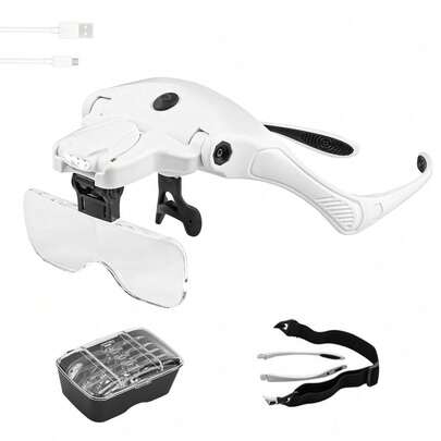 Lupa Para Cabeza Con Luces Led, Lupa De Mano Sin Manos, Lupa De Alta Definición Con 5 Lentes Intercambiables 1.0x, 1.5x, 2.0x, 2.5x, 3.5x Para leer Trabajo Cercano, Lectura, Lupa Para Joyeros