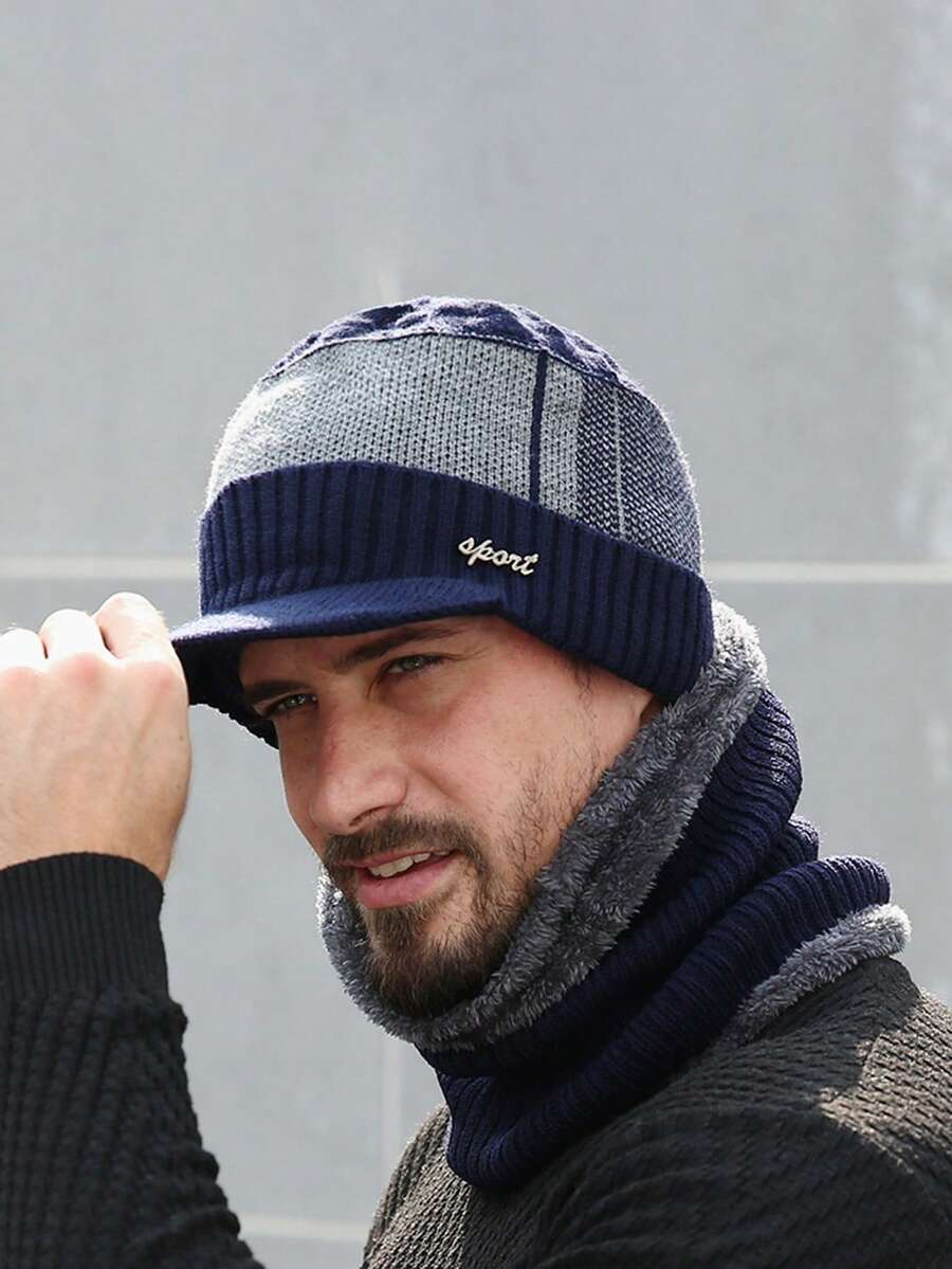 1pc Sport Emblem Thermal Lined Knit Beanie Hat - Black - View 1