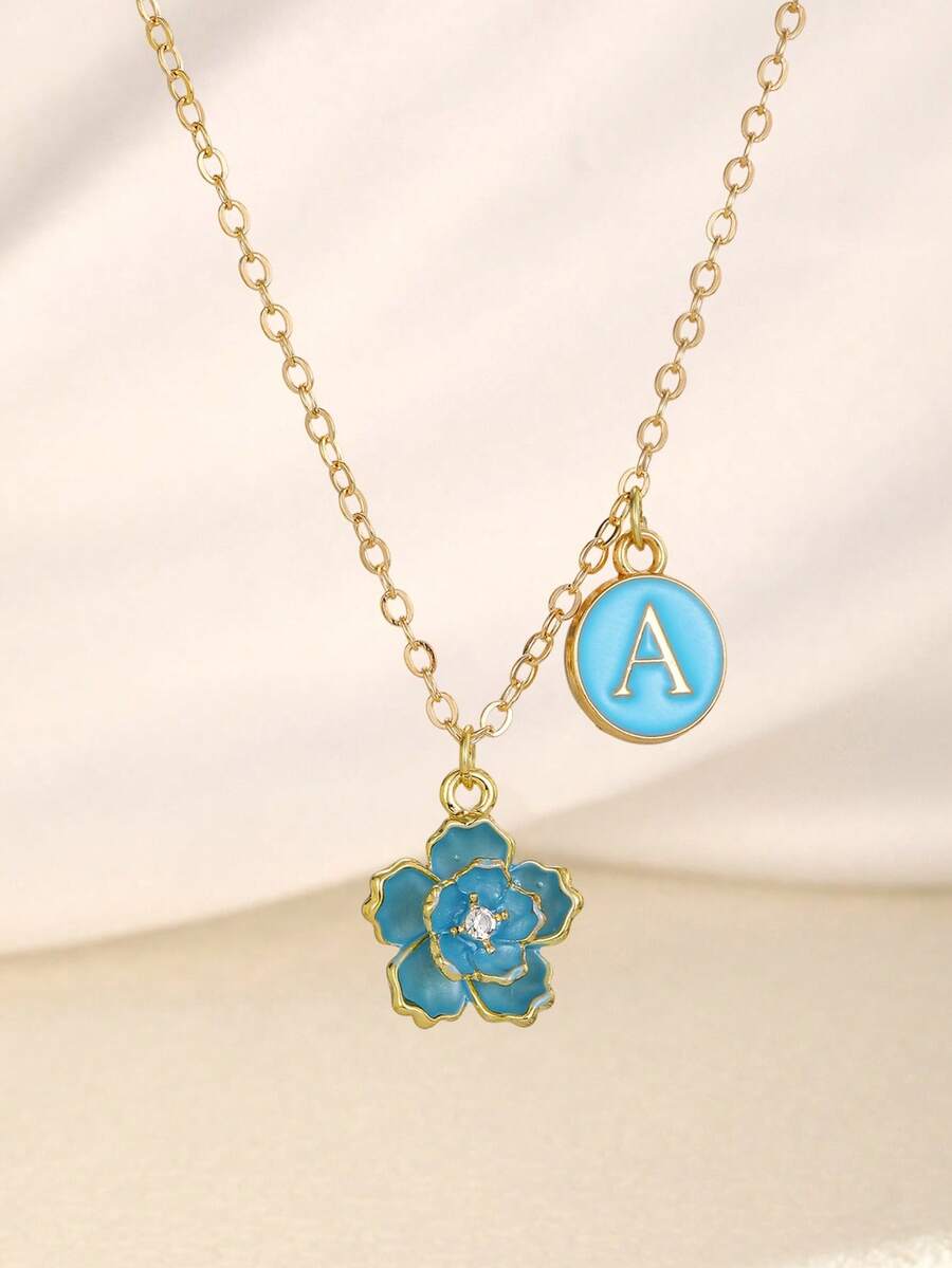 1pc Sweet Fashion Five-Leaf Flower & Initial Letter Double-Pendant Necklace For Kids Girls Family Friends New Year Jewelry Accessory Gift For Daily Decoration - Blue - View 1