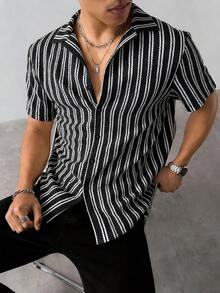 GloMan 男士紋理鈕扣條紋短袖襯衫，適合夏季/秋季度假海灘、約會之夜、日常穿著、返校季，適合丈夫/父親 - 黑與白 - 查看 5