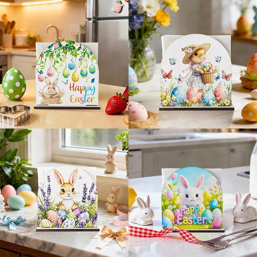 1个复活节兔子和彩蛋木质餐巾架，创意派对纸巾架，复古风格餐巾夹，多层托盘装饰，适用于派对活动、餐桌、家居、酒店、办公室、咖啡馆装饰