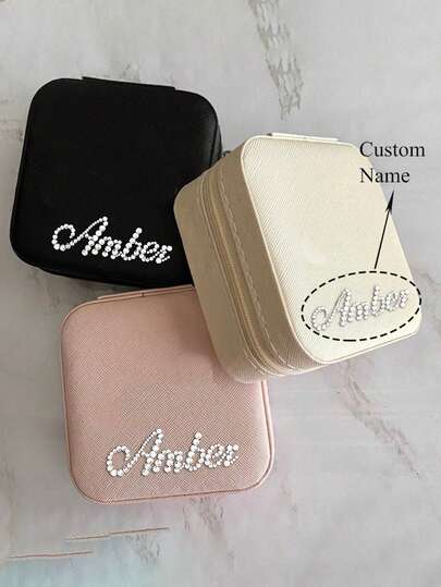 Personalisierte, mit Strass verzierte Namens-Schmuckbox aus Kunstleder, tragbar, Brautgeschenk, Geschenk für Brautjungfern, Heiratsantrag, Schmuckbox für Halsketten, Ringe und Schmuck, Reise-Schmuckbox