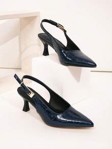 宽楦海军蓝石纹金属搭扣装饰后跟细高跟鞋，适合日常穿着、宴会、派对等场合，时尚大码女鞋 - 藏蓝色 - 查看 2