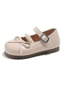 Girls' Leather Shoes 2026 New Bowknot Pearl Fashionable Casual Flat Princess Shoes For Kids, Soft Bottom Non-Slip Lightweight Shoes - Beige - View 7