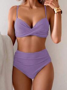 夏季纯色性感优雅波西米亚风吊带甜美比基尼泳装沙滩度假两件套 - 淡紫色 - 查看 2