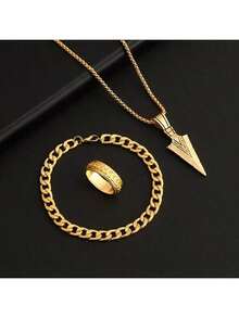 3pcs/Set Punk Rock Hip Hop Party Accessories Men's Arrow Necklace, Bracelet And Ring Combo, Showcase Your Personalized Charm New Arrow Jewelry Set Chain Bracelet Ring Necklace 3pcs Jewelry Set Halloween Accessories Teachers Day Streetwear Accessories Jeans Accessories - Multicolor - View 3