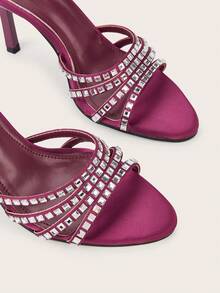 Rhinestone Embellished Peep Toe Stiletto High Heel Sandals, Purple Faux Silk, Suitable For Western Wedding, Party, Banquet - Purple - View 4