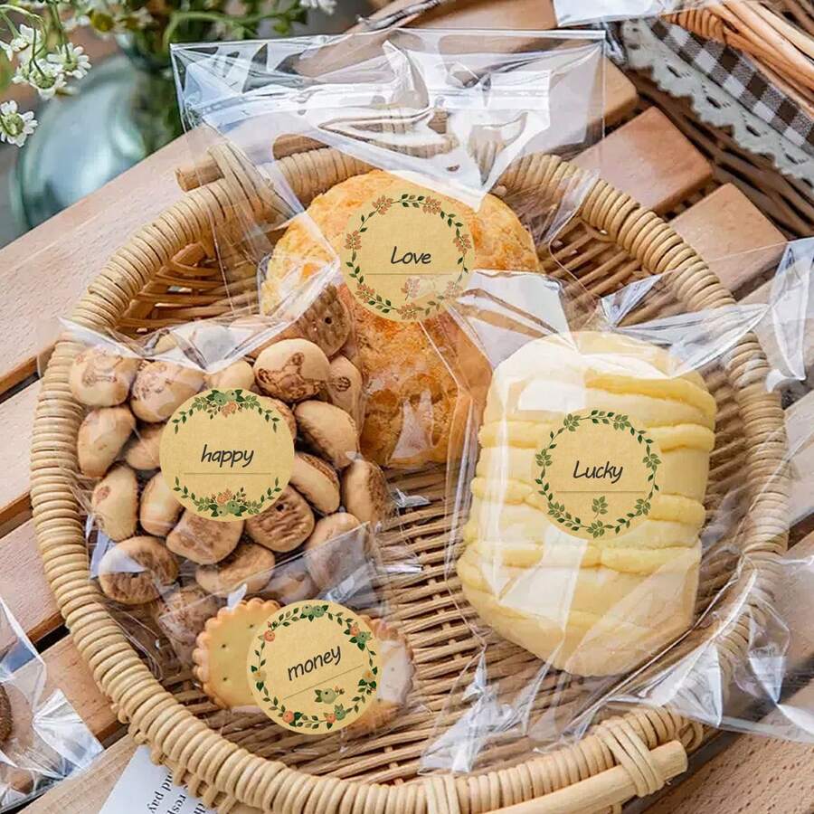 500pcs/Roll, 2.5cm Kraft Paper Labels, Floral Wreath Pattern Stickers, Jar Labels, Food Storage Labels, Gift Bag Sealing Stickers - Multicolor - View 1