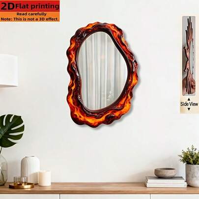 Asymmetrical Wooden Frame With Creative Flame Design, Fashionable Acrylic Mirror Wall Decor - Suitable For Home Living Room, Bedroom, Studio, Patio Wall, No Power Supply Needed, Ideal Gift And Decoration For Father's Day, Wedding Season, Halloween, Christmas And Other Holidays. Please Peel Off The Protective Film On The Front Before Use.