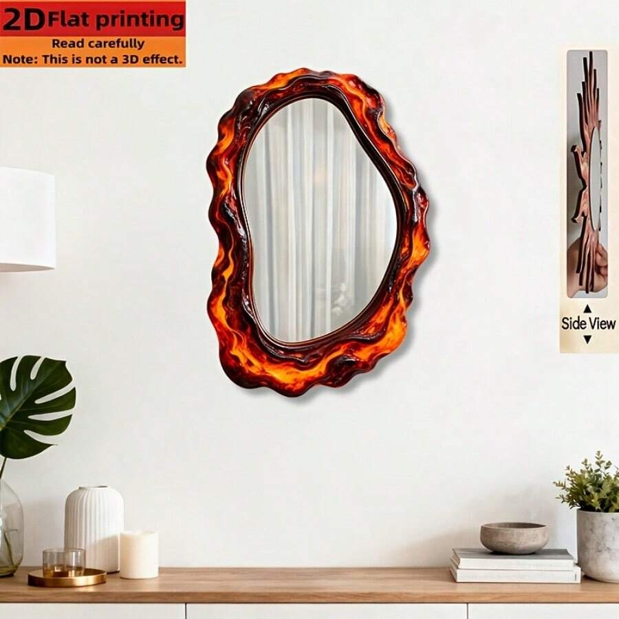 Asymmetrical Wooden Frame With Creative Flame Design, Fashionable Acrylic Mirror Wall Decor - Suitable For Home Living Room, Bedroom, Studio, Patio Wall, No Power Supply Needed, Ideal Gift And Decoration For Father's Day, Wedding Season, Halloween, Christmas And Other Holidays. Please Peel Off The Protective Film On The Front Before Use. - LQ - View 1