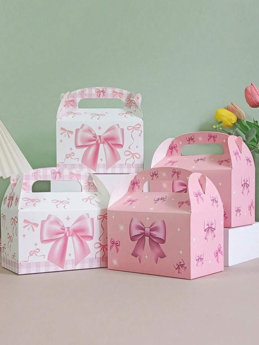 5/10/20pcs Children's Pink Bow Hand-Carried Boxes, Baby Birthday Party Candy & Cookie Packaging Boxes - Multicolor - View 1