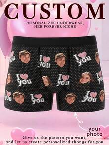 1pc Customized Couple Photo Polka Dot Print Black Elastic Fabric Comfortable Fitted Romantic Personalized Underwear, Valentine's Day Gift - Multicolor - View 4