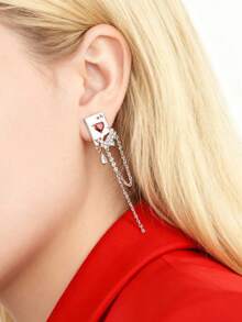 一对朋克风扑克主题耳环，红桃A流苏吊坠耳钉，镶嵌氧化锆，时尚女士珠宝，优雅日常及派对配饰 - 耳環 - 查看 3