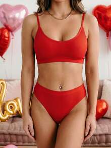 两件套内衣套装，女士性感文胸内裤组合，休闲夏季睡衣，夏季套装，可爱睡衣上衣，两件套，家居服，返校服，度假装 - 紅色 - 查看 3