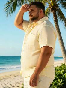 男士加大码短袖衬衫，户外休闲纯色短袖衬衫，沙滩度假纯色短袖沙滩上衣 - 黃色 - 查看 4