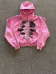 Printed Zipper Sweater Long-Sleeved Pullover Hoodie Vintage Jacket Street - Pink - View 2