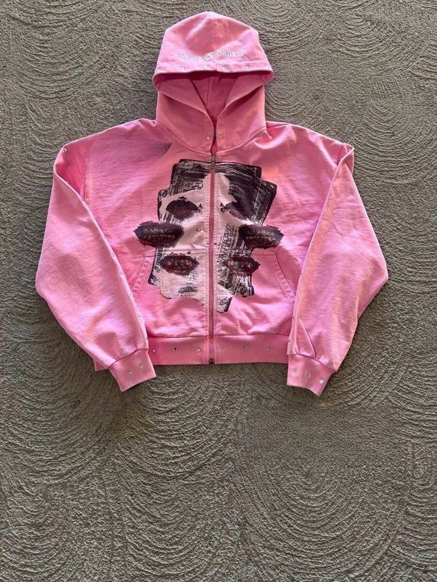Printed Zipper Sweater Long-Sleeved Pullover Hoodie Vintage Jacket Street - Pink - View 1
