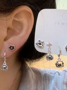 Juego de aretes de gato de dibujos animados lindos, aretes de botón pequeños de gato, aretes versátiles de perro para estudiantes - Plateado - Ver 7