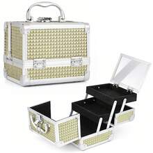 Lockable Makeup Box With Mirror, Portable Vanity Cosmetic Organiser With 2 Trays, Travel Make Up Case For Cosmetics, Jewellery & Accessories - Gold - View 3
