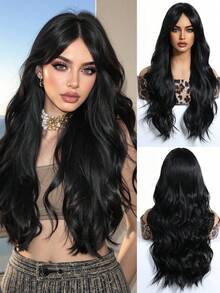 【自然黑色卷发假发】26英寸自然黑色长卷曲波浪合成假发 - 带刘海，适合女性 - 日常、角色扮演、派对等场合使用 - 自然黑 - 查看 11