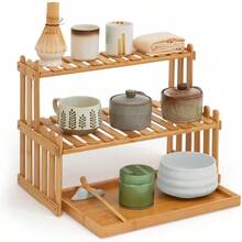 14.6 2-Tier Matcha Station Shelf Stand With 13 Bamboo Matcha Tea Serving Tray Coffee Station Organizer Coffee Bar Storage Rack Mug Holder Countertop For Tea Desktop Flower Pot Cup Display - 預設 - 查看 1