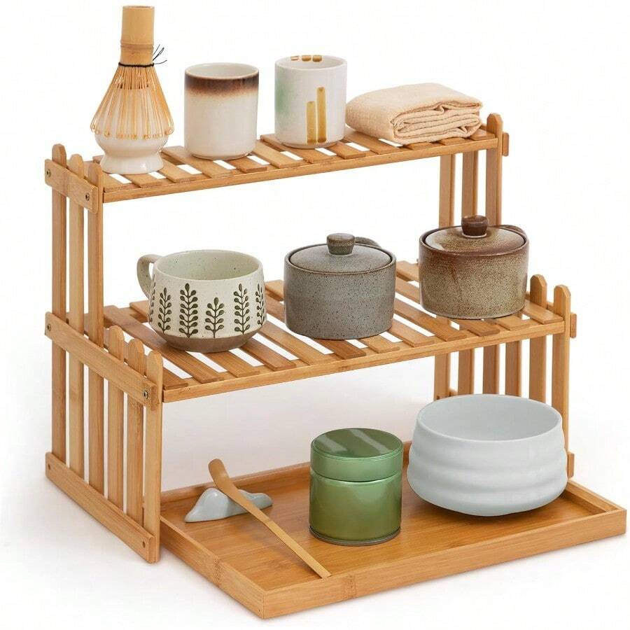 14.6 2-Tier Matcha Station Shelf Stand With 13 Bamboo Matcha Tea Serving Tray Coffee Station Organizer Coffee Bar Storage Rack Mug Holder Countertop For Tea Desktop Flower Pot Cup Display - 預設 - 查看 1